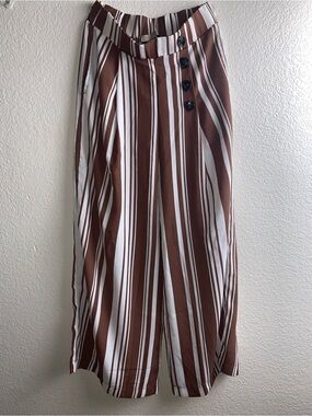 Brown White Striped High Waist Wide Leg Palazzo Trouser Pants